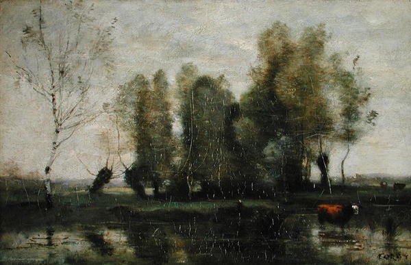 沼泽风景中的树木，约1855-60（布面油画） 作者 让·巴蒂斯特·卡米尔·科罗