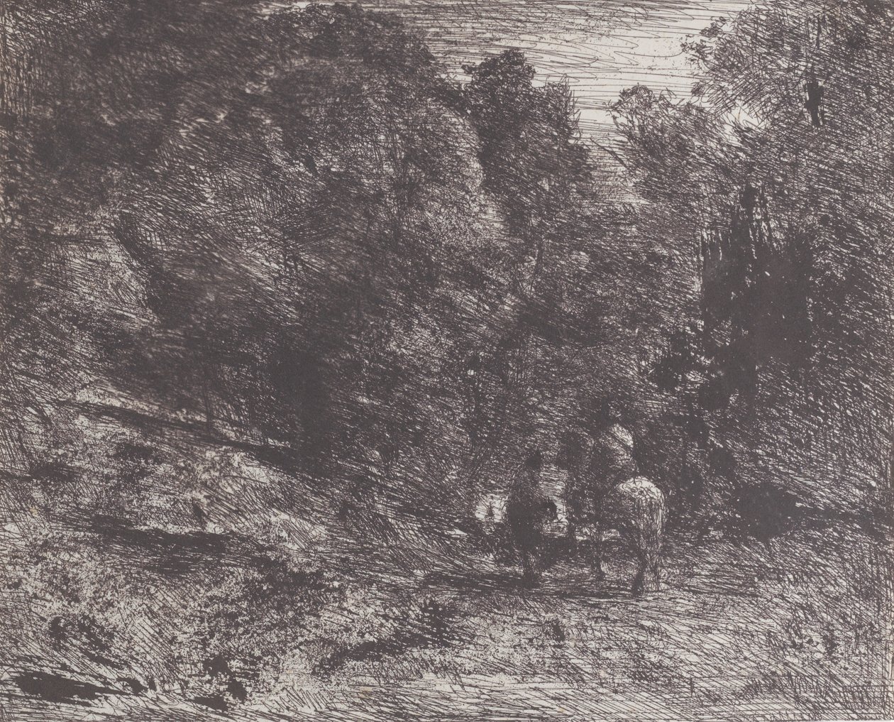 森林中的两个旅行者 Le Cavalier en forêt et le piéton, 1854. 作者 让·巴蒂斯特·卡米尔·科罗