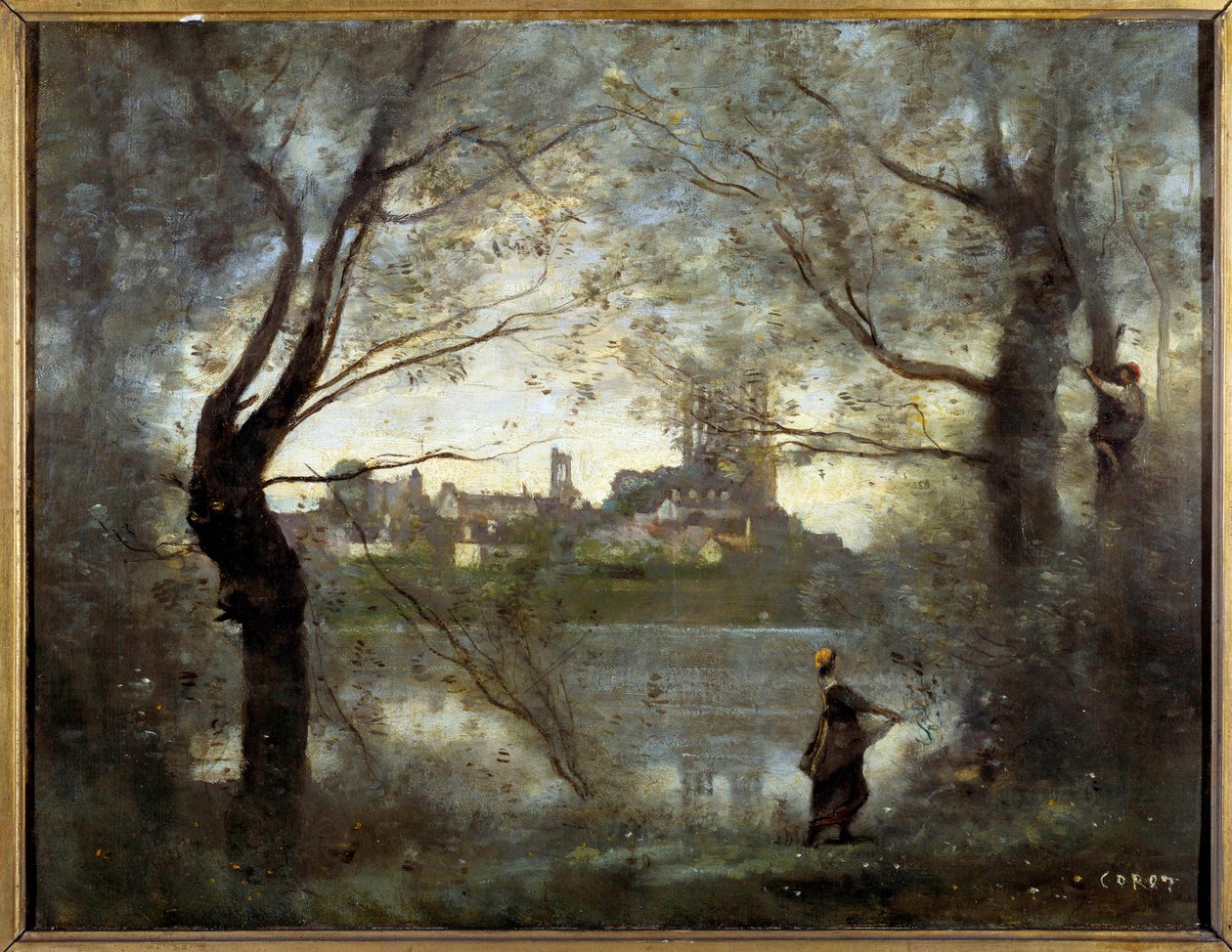 卡米尔柯罗 (1796-1875) 1865 年画的 Mantes (Mantes-la-Jolie, Yvelines) 的视图。 0.42x0.55 m 兰斯，美术博物馆 作者 让·巴蒂斯特·卡米尔·科罗
