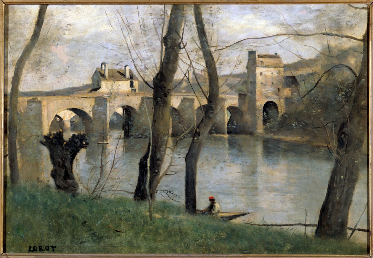 曼特斯桥的景色 卡米尔柯罗 (1796-1875) 19 世纪的绘画作品。 0,38x0,55 m 巴黎卢浮宫博物馆 作者 让·巴蒂斯特·卡米尔·科罗