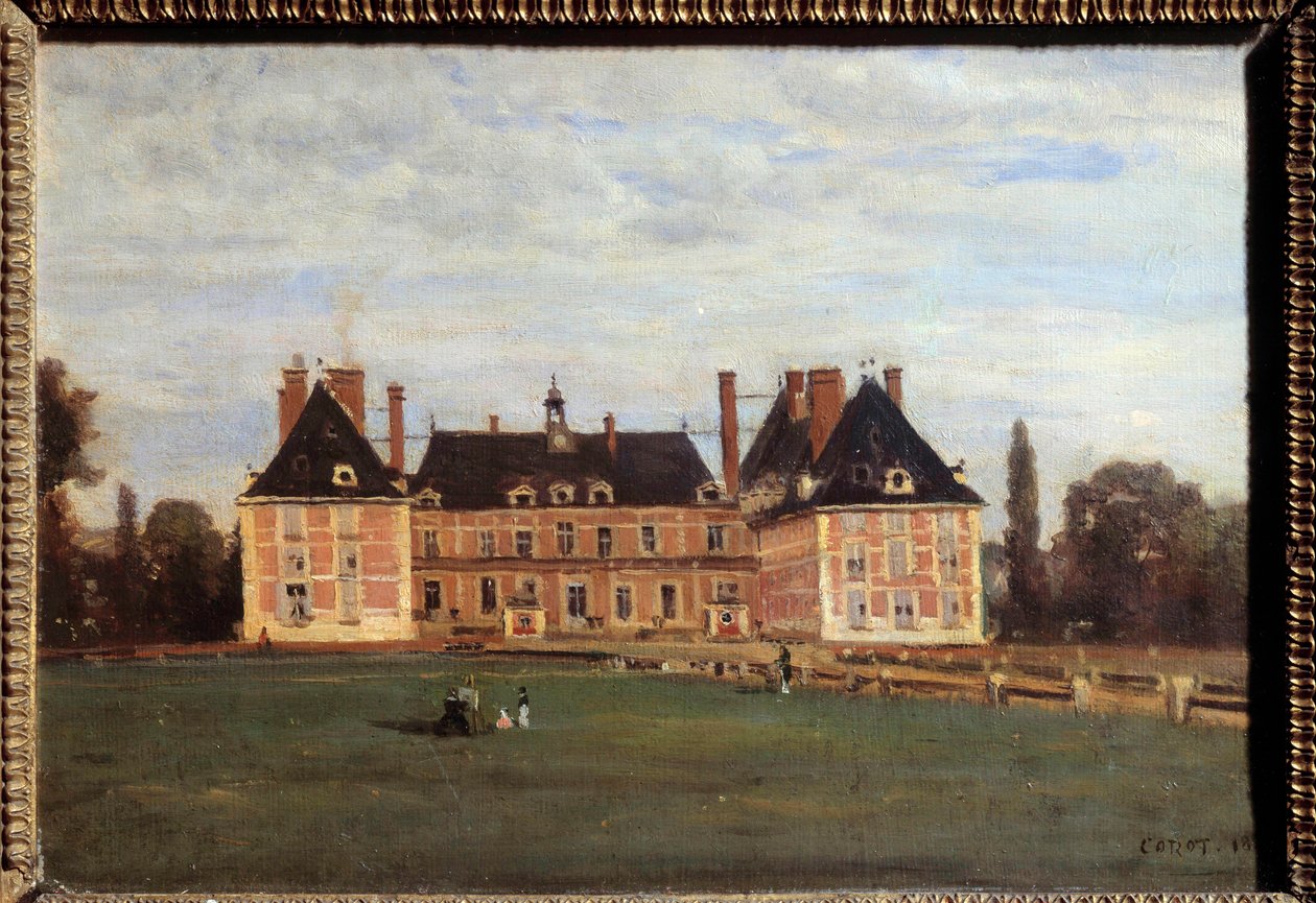 卡米尔·柯罗 (Camille Corot) (1796-1875) 1840 年在伊夫林省的画作中，玛丽·卡罗琳 (Marie Caroline) 城堡的景色，Berry a Rosny 公爵夫人。 0,24x0,35 m 作者 让·巴蒂斯特·卡米尔·科罗