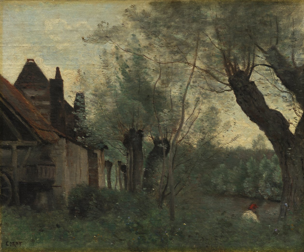 Sainte-Catherine-lès-Arras的柳树和农舍，1871年 作者 让·巴蒂斯特·卡米尔·科罗