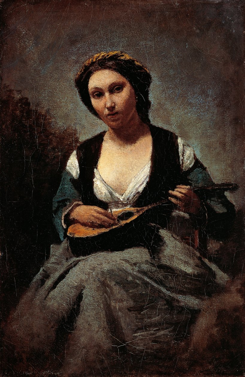 让-巴蒂斯特-卡米尔·柯罗（Jean-Baptiste-Camille Corot，1796-1875）创作的《弹曼陀林的女人》。 作者 让·巴蒂斯特·卡米尔·科罗