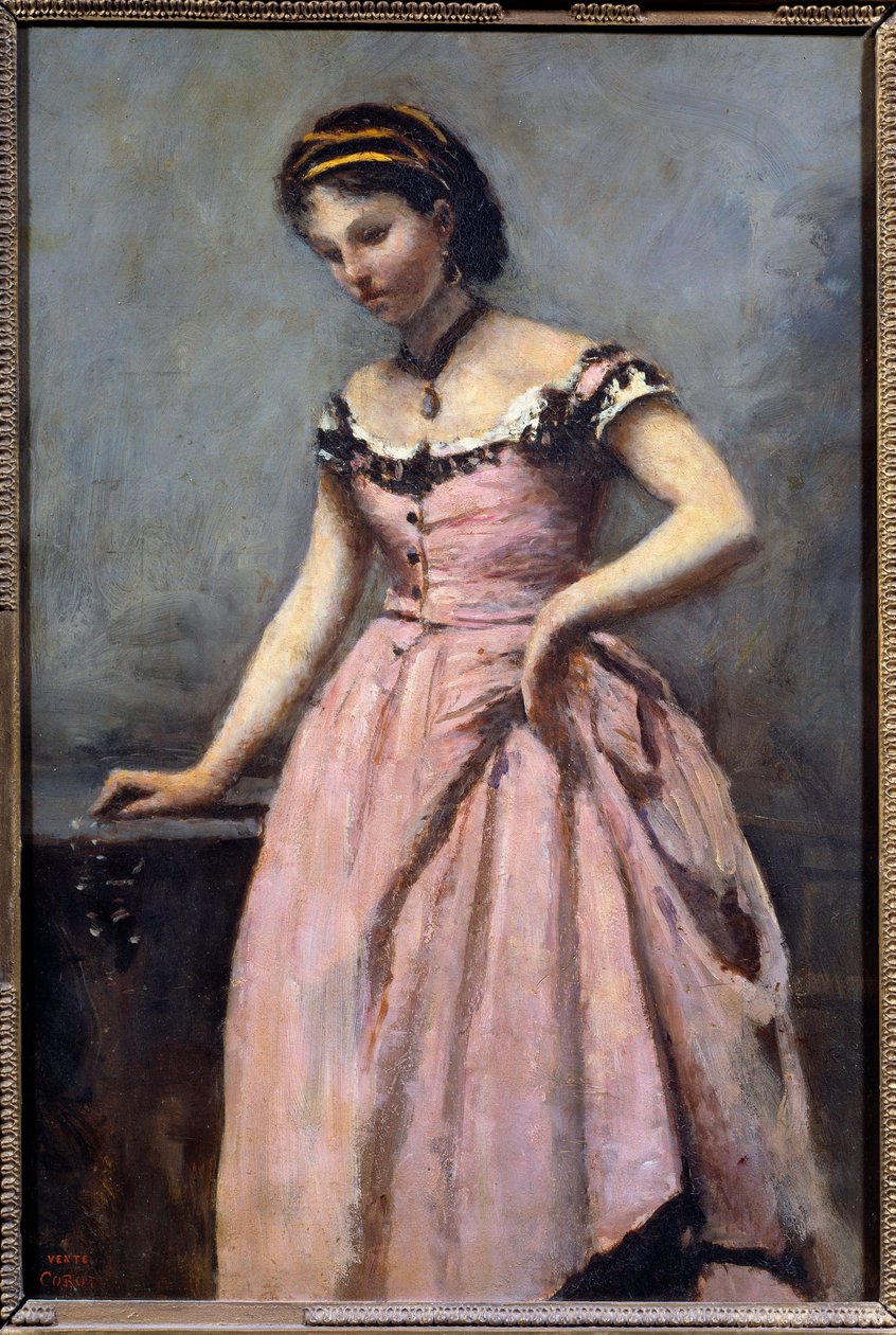 卡米尔柯罗 (1796-1875) 19 世纪太阳画作《身着粉红色连衣裙的少女》。 0,46x0,32 m 巴黎，奥赛博物馆 作者 让·巴蒂斯特·卡米尔·科罗