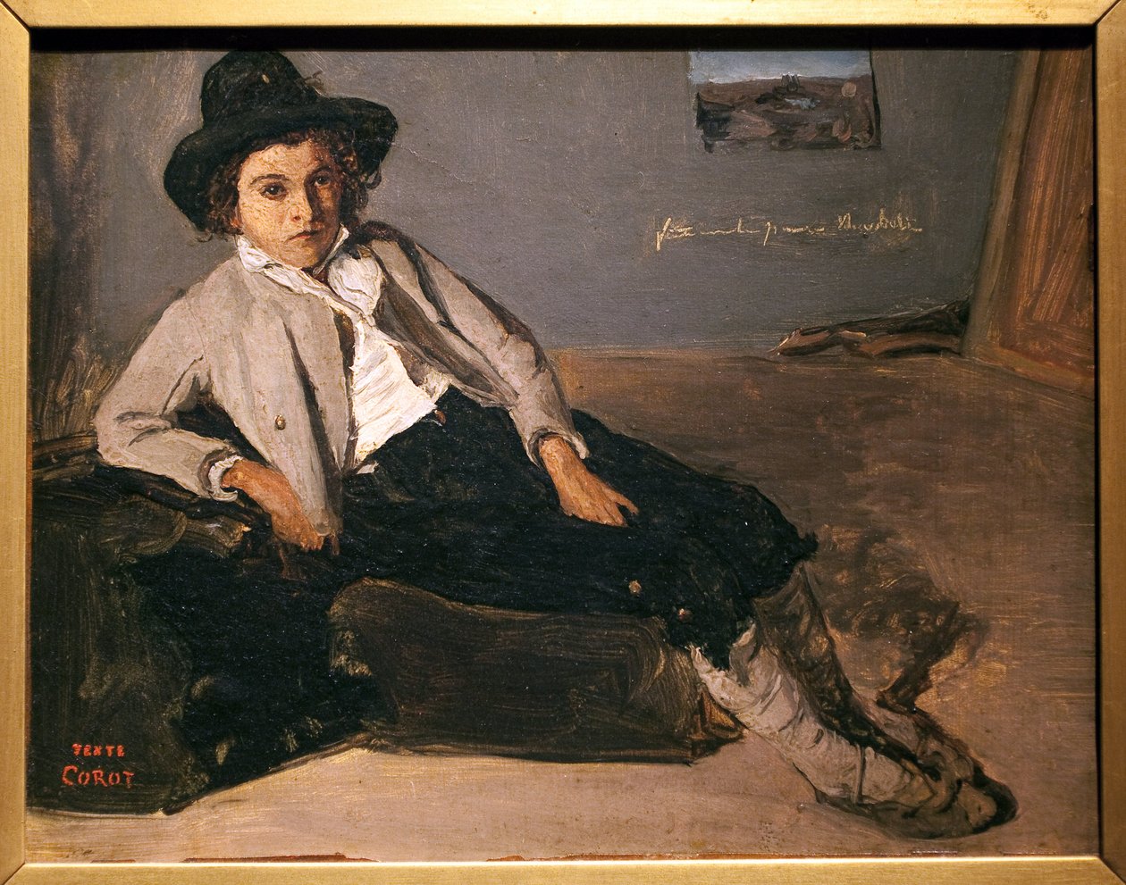 年轻的意大利人就座。 让·巴蒂斯特·卡米尔·柯罗 (Jean Baptiste Camille Corot)（1796-1875 年）的画作，画布上的纸上油彩，大约 1825-1827 年。 兰斯美术博物馆。 作者 让·巴蒂斯特·卡米尔·科罗