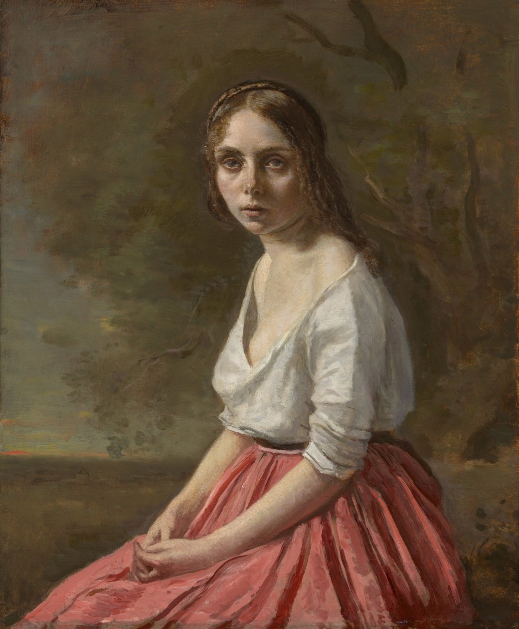 穿着粉红色裙子的年轻女子，约1845-50年 作者 让·巴蒂斯特·卡米尔·科罗