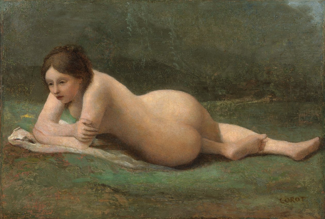 斜倚在草地上，c.1850-60的年轻女子 作者 让·巴蒂斯特·卡米尔·科罗