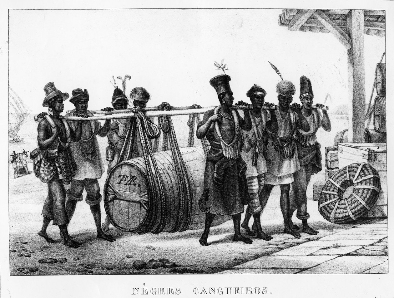 Black Cangueiros"--黑波特酒携带的酒桶，由Thierry Freres（fl.1827-45）雕刻，1835年。 作者 让·巴蒂斯特·德布雷特