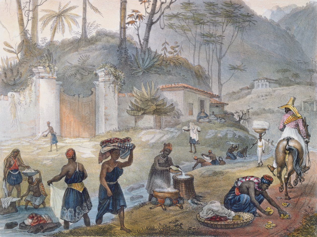 一条河上的黑色Washerwomen，来自“巴西的古雅和历史旅行”，1839年 作者 让·巴蒂斯特·德布雷特