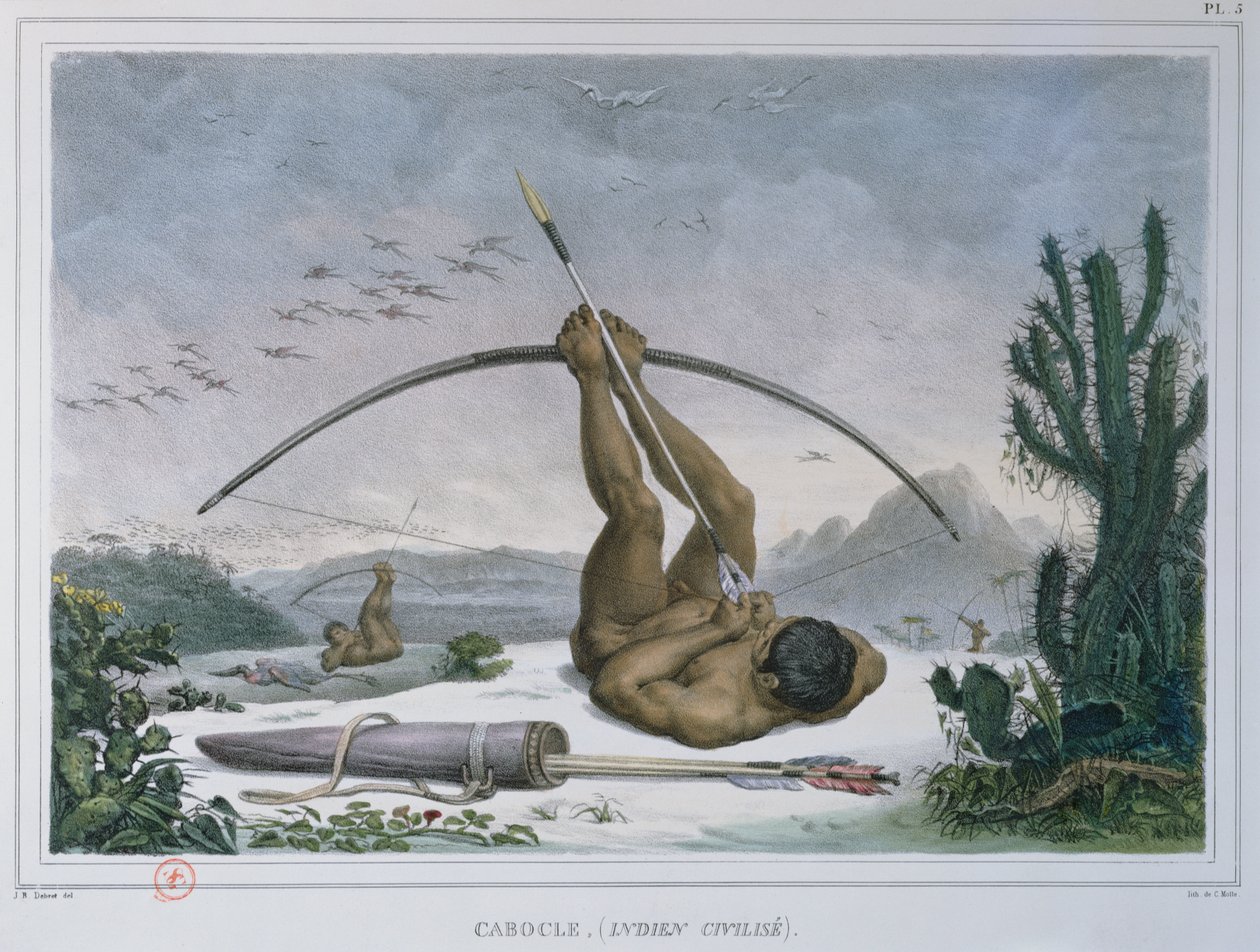 Cabole印第安猎鸟用弓箭，来自Voyage Pittoresque et Historique au Bresil，于1839年出版 作者 让·巴蒂斯特·德布雷特