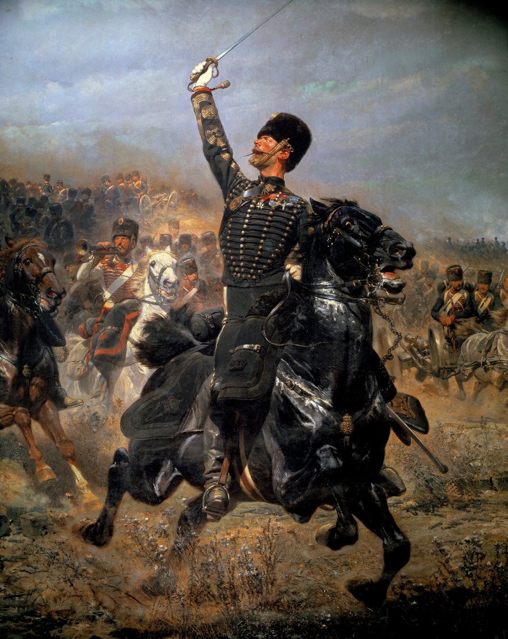 在电池中，骑兵冲锋（1870）。 爱德华·德莱勒 (1848-1912) 的绘画 作者 让·巴蒂斯特·爱德华·Detaille