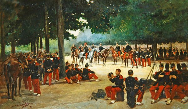 在审查期间，步兵团在Bois de Boulogne放松，c.1885 作者 让·巴蒂斯特·爱德华·Detaille