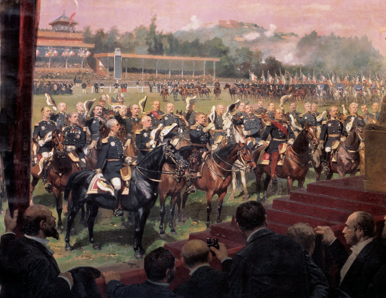 7 月 14 日，总统朱尔斯·格雷维 (Jules Grevy) 在莱昂·甘贝塔 (Leon Gambetta) 的见证下在 Longchamp 分发旗帜 作者 让·巴蒂斯特·爱德华·Detaille