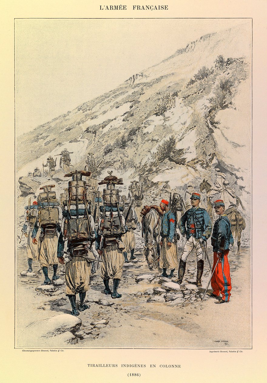 儒勒-理查德上尉的法国军队的类型和制服，由爱德华-迪特尔（1848-1912）绘制的。1886年在纵队中的蒂雷尔土著人，私人收藏 作者 让·巴蒂斯特·爱德华·Detaille