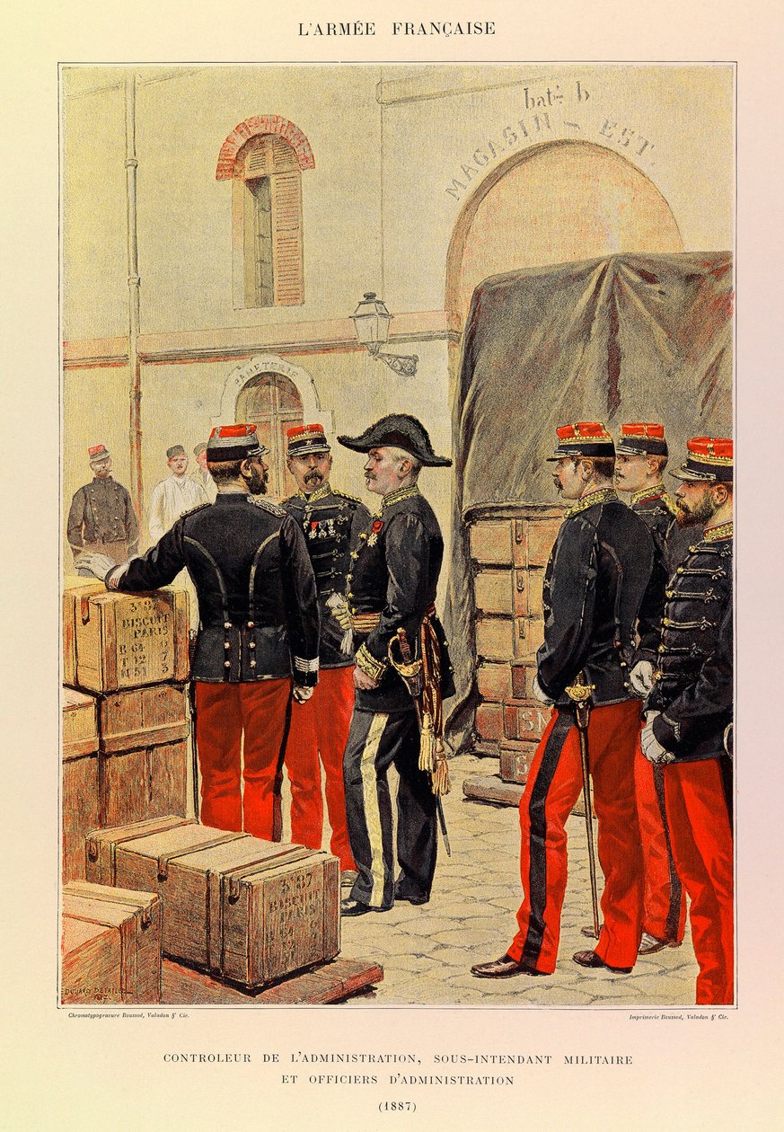 儒勒-理查德上尉的法国军队的类型和制服，由爱德华-迪特尔（1848-1912）绘制。1887年行政总监、副军事总监和行政官员，私人收藏 作者 让·巴蒂斯特·爱德华·Detaille