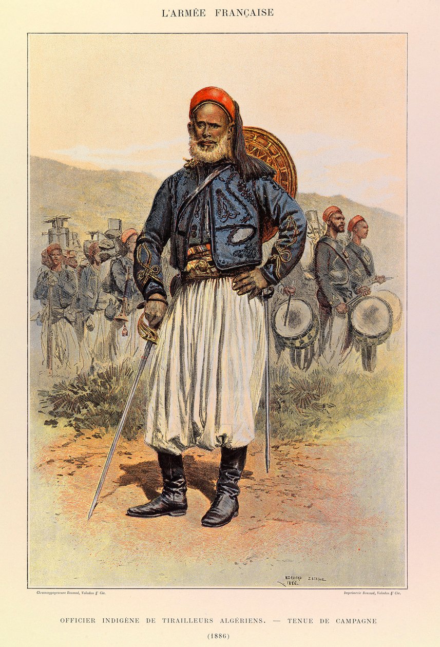 儒勒-理查德上尉的法国军队的类型和制服，由爱德华-迪特尔（1848-1912）绘制。1886年身着野战服的阿尔及利亚屯垦区本土军官，私人收藏 作者 让·巴蒂斯特·爱德华·Detaille