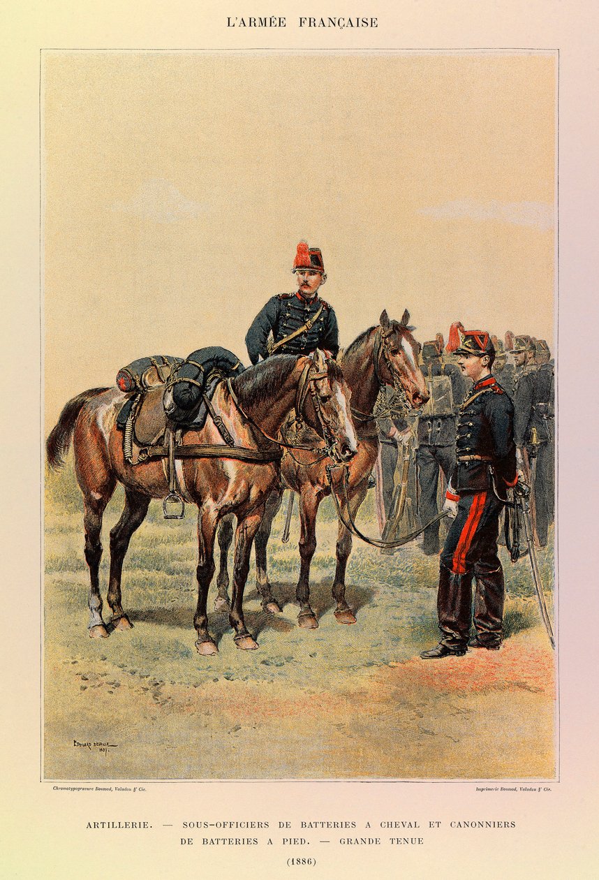 儒勒-理查德上尉的法国军队的类型和制服，由爱德华-迪特尔（1848-1912）绘制。炮兵。1886年，骑马的炮队副官和步行的炮手身着大礼服，私人收藏 作者 让·巴蒂斯特·爱德华·Detaille