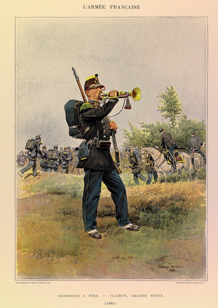 儒勒-理查德上尉的法国军队的类型和制服，由爱德华-迪特尔（1848-1912）绘制：徒步的猎人。1885年身着大礼服的号手，私人收藏 作者 让·巴蒂斯特·爱德华·Detaille