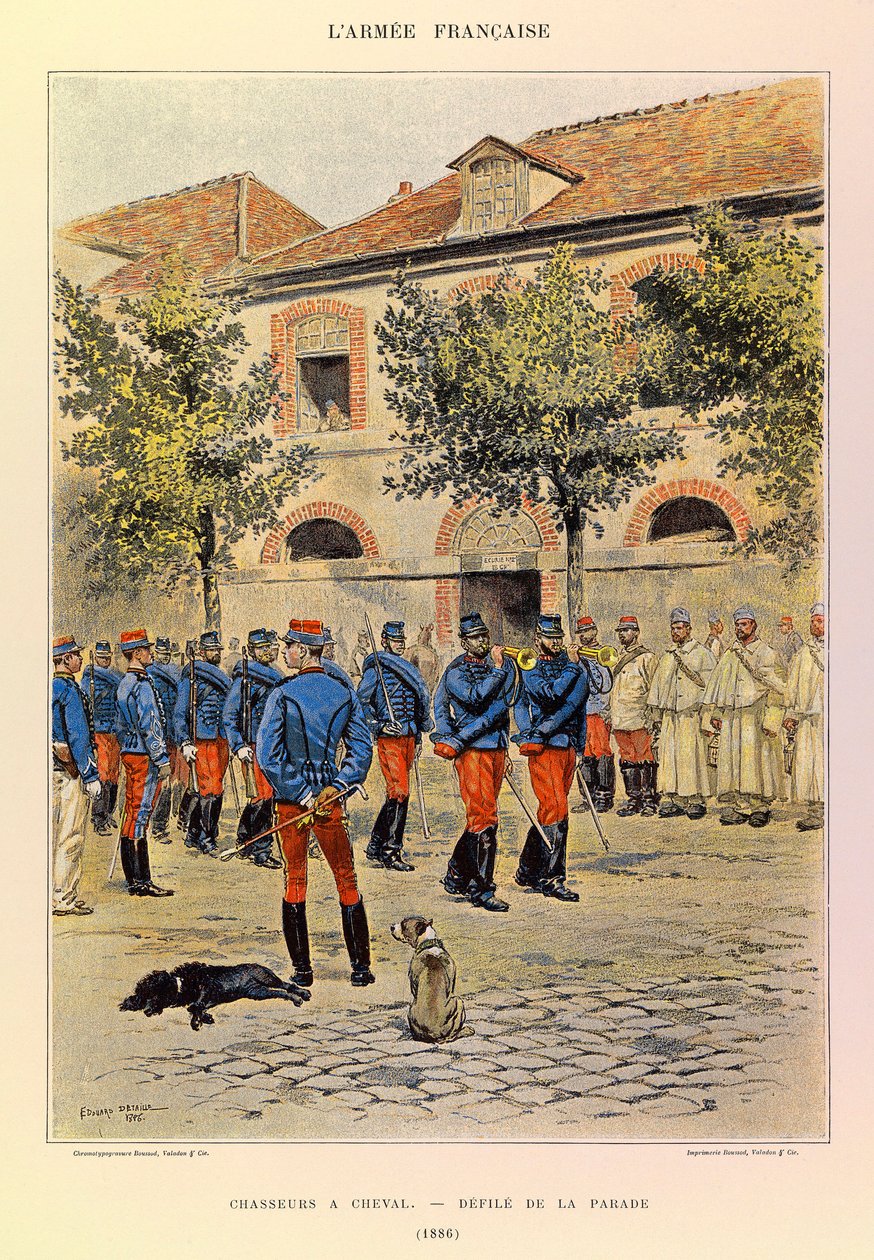 儒勒-理查德上尉的法国军队的类型和制服，由爱德华-迪特尔（1848-1912）绘制：马背上的猎人；1886年游行的隘口，部分收藏品 作者 让·巴蒂斯特·爱德华·Detaille