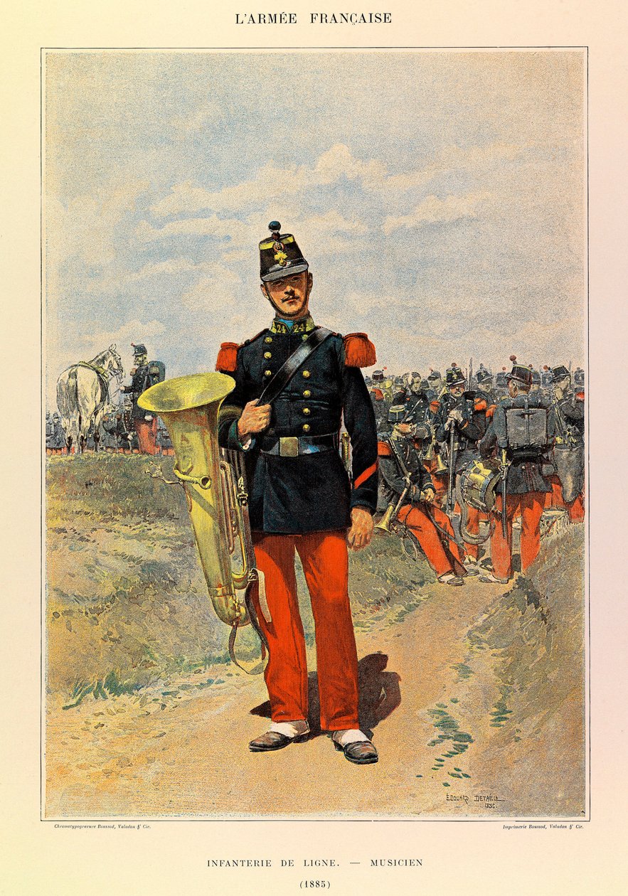 儒勒-理查德上尉的法国军队的类型和制服，由爱德华-迪特尔（1848-1912）绘制。线性步兵。1885年的音乐家，私人收藏 作者 让·巴蒂斯特·爱德华·Detaille