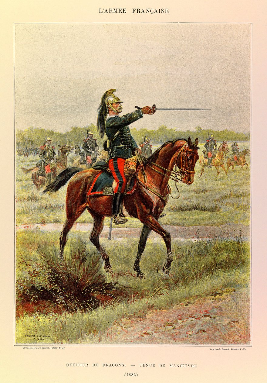 儒勒-理查德上尉的法国军队的类型和制服，由爱德华-迪特尔（1848-1912）绘制。1885年身着机动服的龙骑兵军官，私人收藏 作者 让·巴蒂斯特·爱德华·Detaille