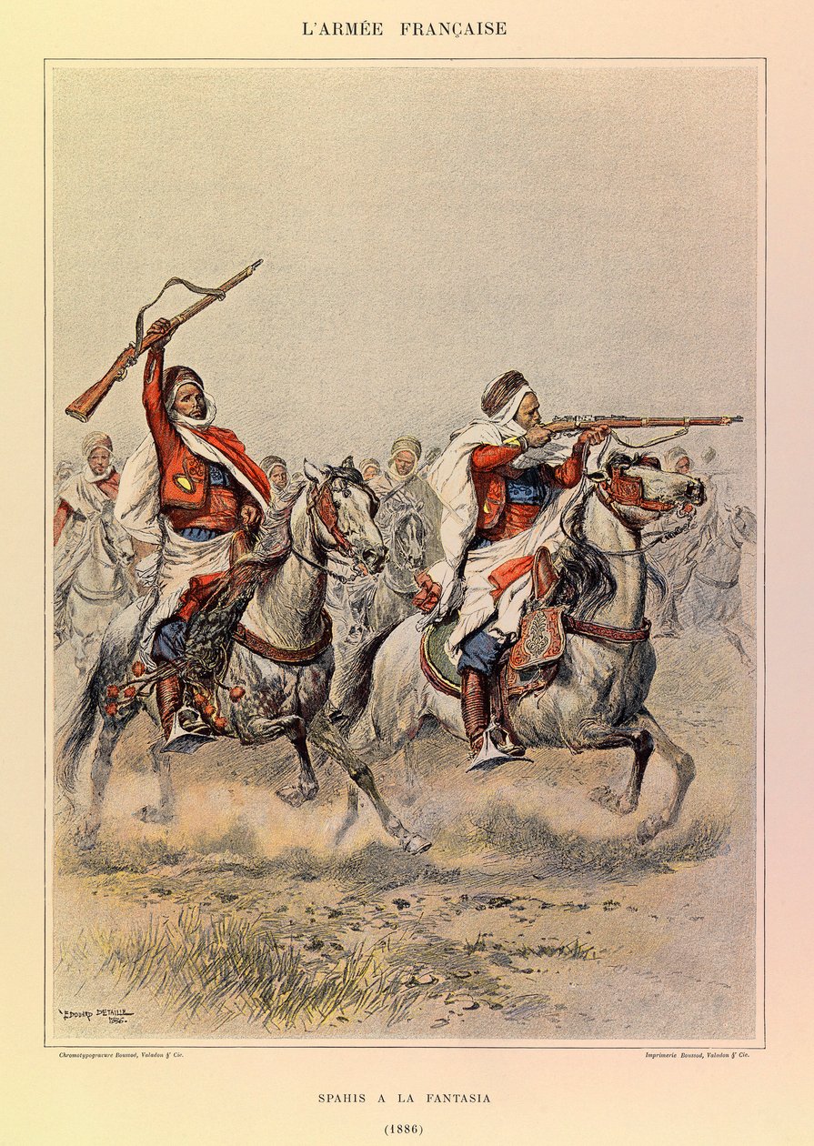 儒勒-理查德上尉的法国军队的类型和制服，由爱德华-迪特尔（1848-1912）画的。1886年的《幻想曲》（Spahis a la Fantasia），私人收藏 作者 让·巴蒂斯特·爱德华·Detaille