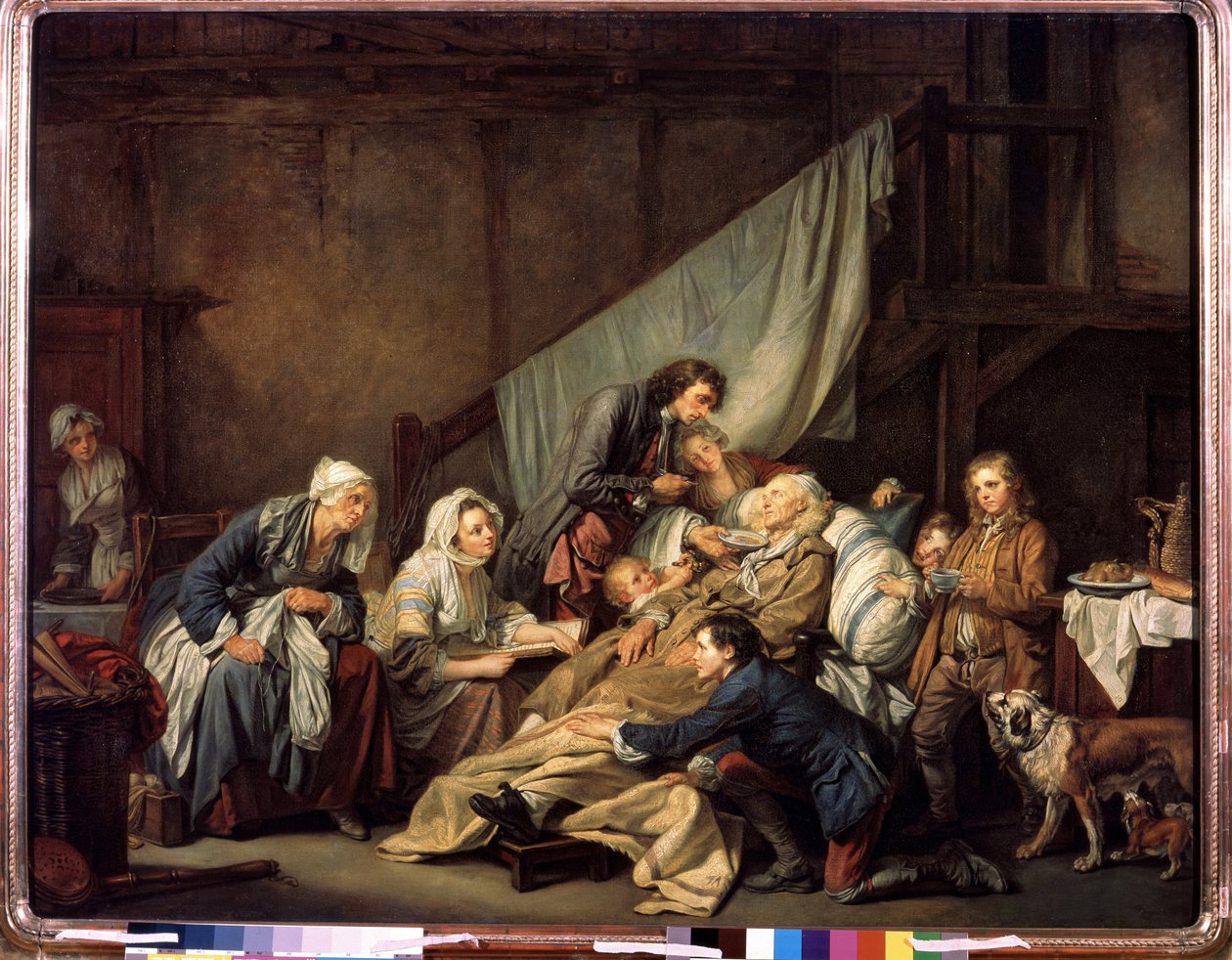 "La Piete filiale ou le Paralytique secouru par ses enfants（《孝道（瘫痪病人）》）。让-巴蒂斯特-格吕兹（1725-1805 年）1763 年的绘画作品 尺寸：115x146 厘米 圣彼得堡艾尔米塔什博物馆 作者 让·巴蒂斯特·格鲁兹