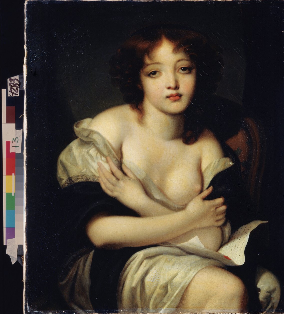 "La lettre"（一封信），表情忧郁的年轻德努迪女孩手持一封情书。让-巴蒂斯特-格吕兹（1725-1805 年）的画作，莫斯科阿尔汉格尔斯克耶庄园国立博物馆 作者 让·巴蒂斯特·格鲁兹