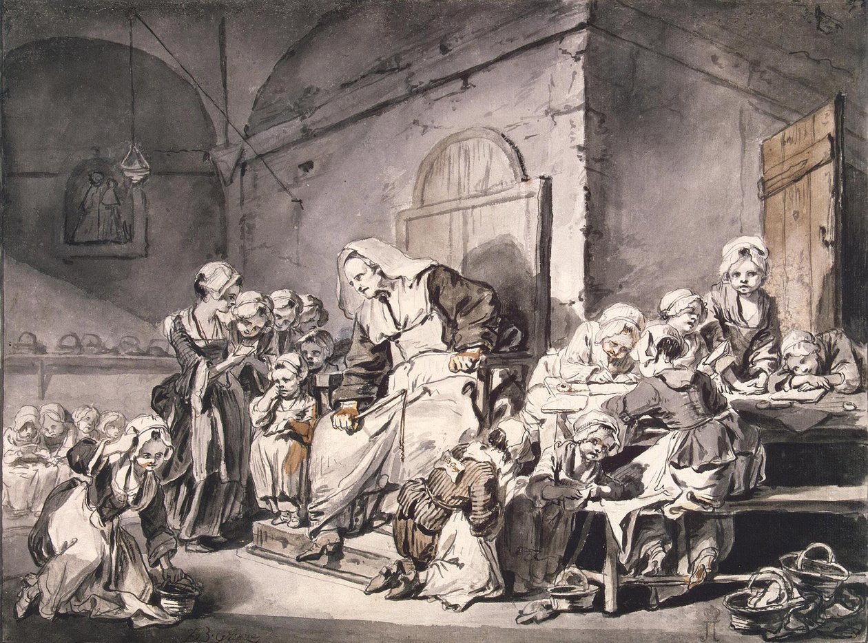 学校教师 par Greuze, Jean-Baptiste (1725-1805).钢笔，毛笔，灰色和棕色，纸上水彩，尺寸：27.8x33.8，约1764-1765，国家冬宫，圣彼得堡。 作者 让·巴蒂斯特·格鲁兹