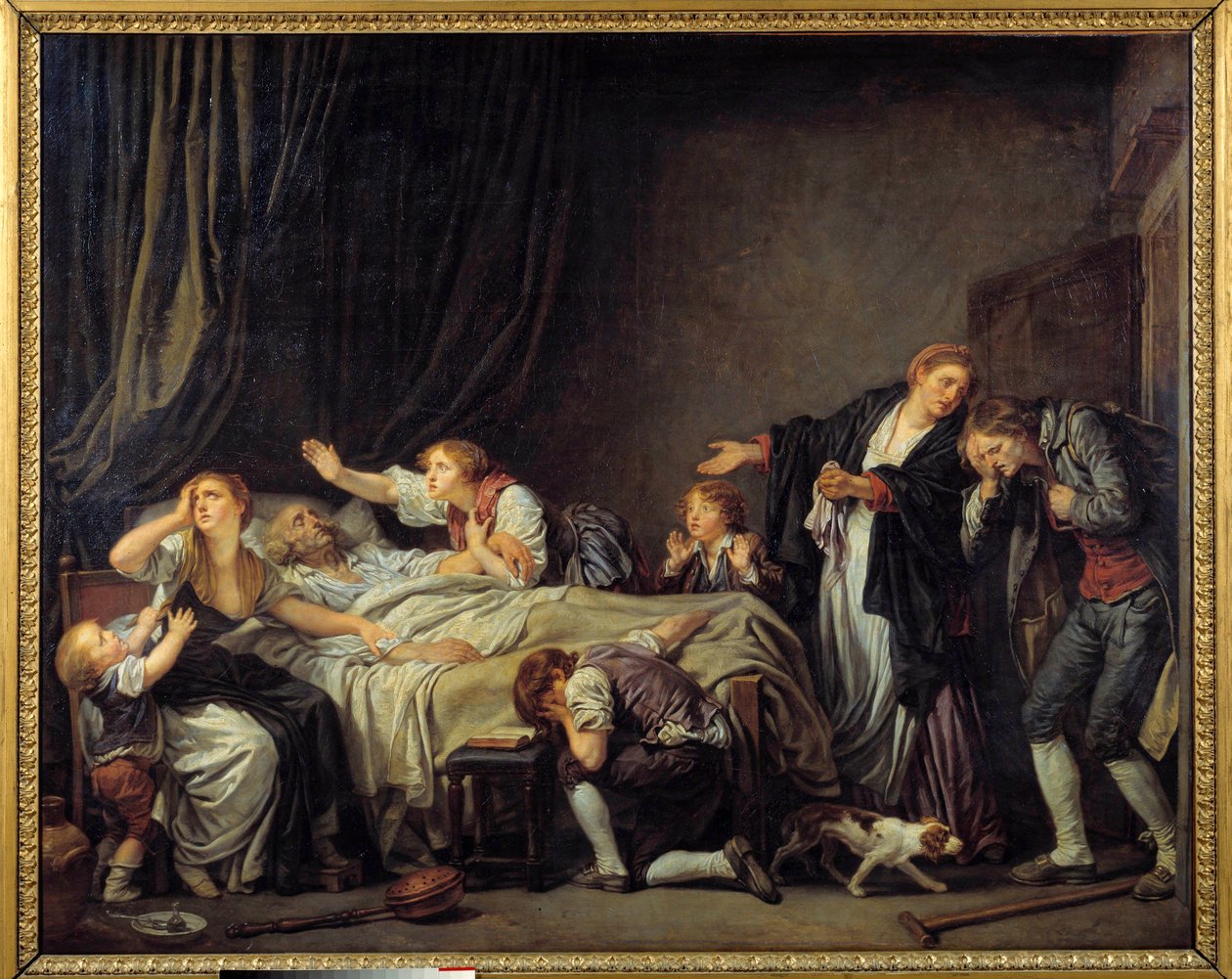 儿子受到惩罚 儿子回到家，发现家人在死去的父亲床边哭泣。 Jean Baptiste Greuze (1725-1805) 1778 年作画。 1,3x1,63 m 作者 让·巴蒂斯特·格鲁兹