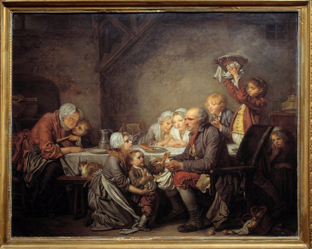 国王蛋糕 一个家庭在主显节盛宴上分享蛋糕。 Jean Baptiste Greuze (1725-1805) 1774 年作画。 0,72x0,91 m 蒙彼利埃法布尔博物馆 作者 让·巴蒂斯特·格鲁兹