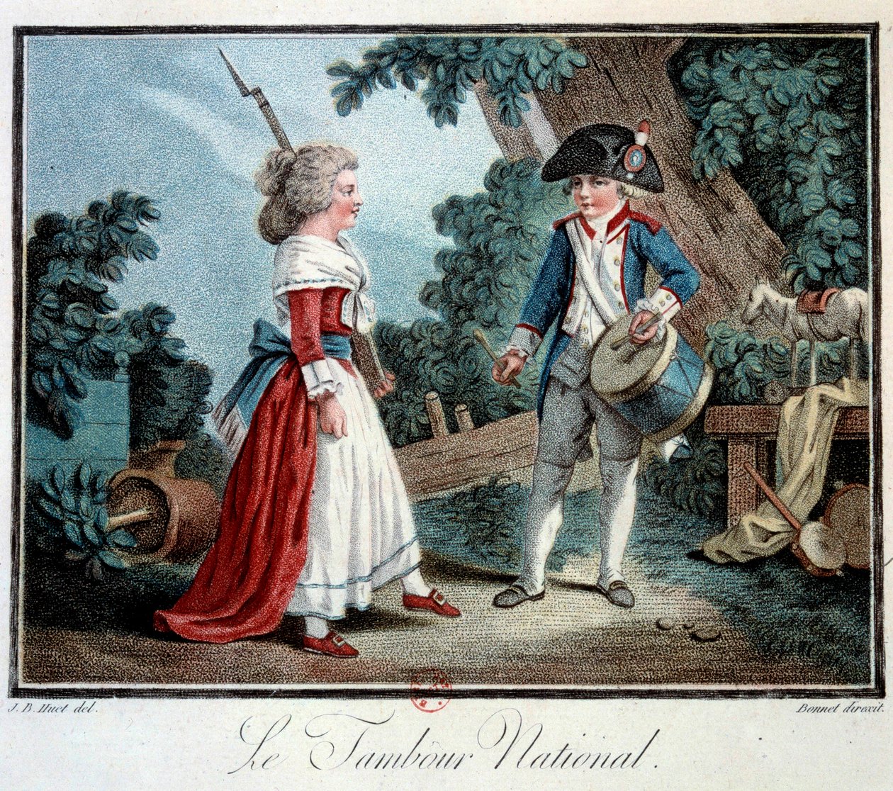 法国大革命：“Le tambour national” 两个小孩子伪装成革命者。 Jean Baptiste Huet (1745-1811) 的平版印刷 18 世纪巴黎，装饰艺术 作者 让·巴蒂斯特·休特
