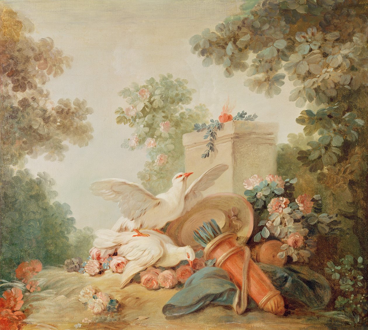 打印机制造商Gilles Demarteau的沙龙，门上方：鸽子，箭袋和草帽，1750-65 作者 让·巴蒂斯特·休特