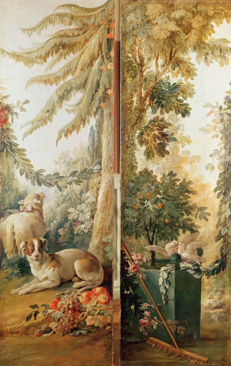 印刷品制造商Gilles Demarteau的沙龙，两个面板1.狗和羊2.种植橘子树与啄鸽子 作者 让·巴蒂斯特·休特