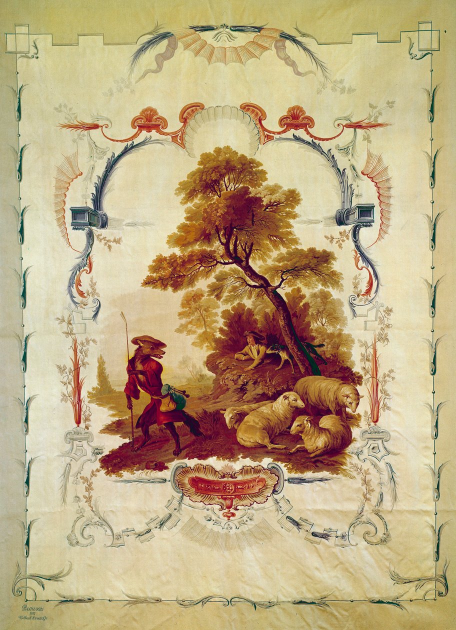 狼成了让·德拉封丹寓言的牧羊人插图。 让·巴蒂斯特·休特（Jean Baptiste Huet，1745-1811 年）在博韦制造厂制作的挂毯。 18 世纪巴黎，民族家具。 作者 让·巴蒂斯特·休特