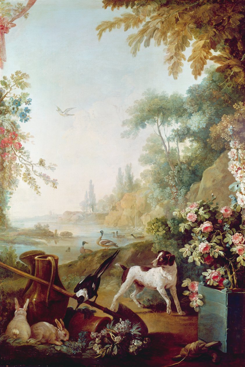 两只兔子，一只喜鹊和一只狗，来自Gilles Demarteau的沙龙（1722-76） 作者 让·巴蒂斯特·休特