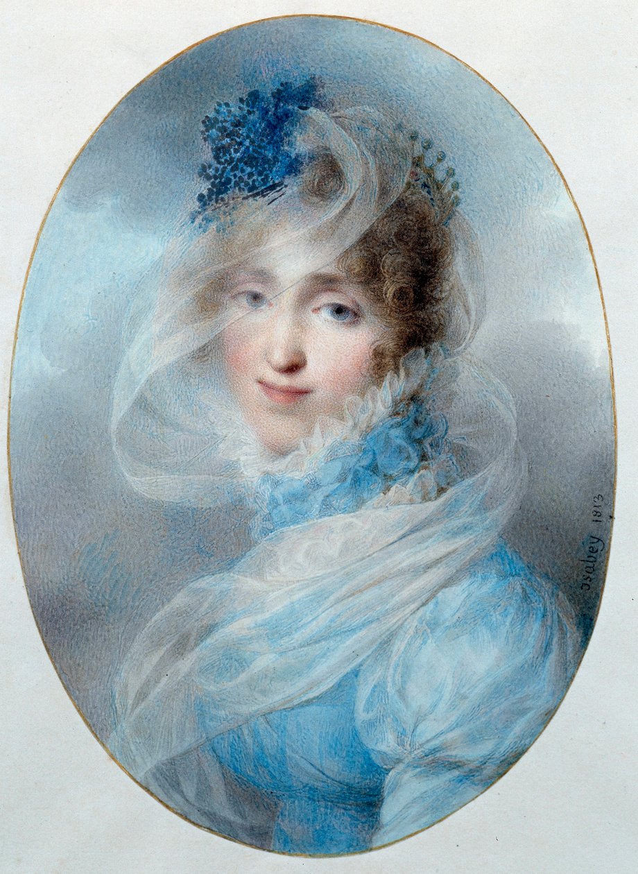 霍坦斯-德-博阿尔奈王后（1783-1837）的肖像 她是约瑟芬-德-博阿尔奈的女儿，也是未来拿破仑三世的母亲。Jean Baptiste Isabey (1767-1855)的水彩画 1813年 阳光。0,13x0,95米 马尔梅松，城堡博物馆 作者 让-巴蒂斯特·伊萨贝