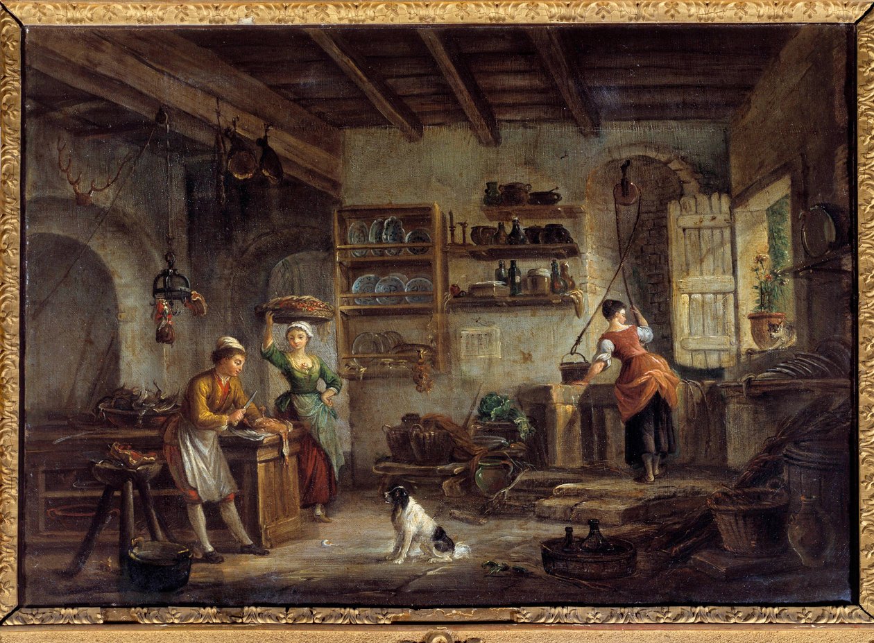 厨房内部 厨师和女仆准备主人的饭菜。 Jean Baptiste Lallemant (1710-1803) 的绘画 18 世纪 Bourg en bresse，Musee de Brou 作者 让·巴蒂斯特·拉勒曼德