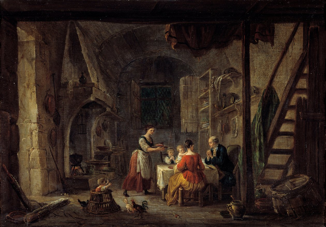 Benedicite 农民家庭中的用餐场景，祈祷者。Jean Baptiste Lallemant (1710-1803)的画作 18世纪 布尔格地区，布鲁博物馆 作者 让·巴蒂斯特·拉勒曼德