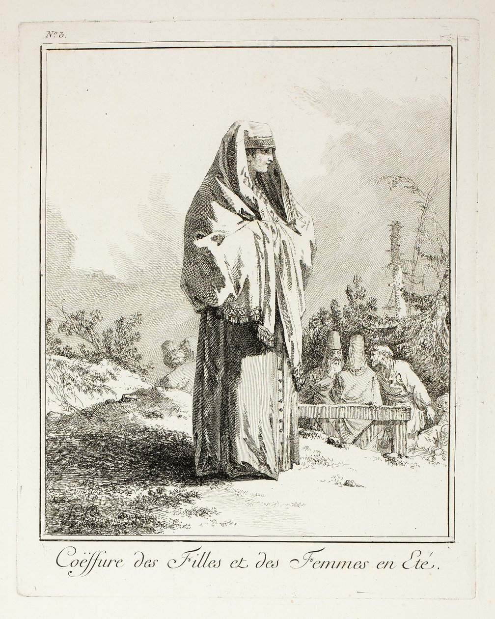 夏季女孩和妇女的头饰，选自 Divers Habillements des Peuples du Nord 的图版三 作者 让·巴蒂斯特·勒·普林斯