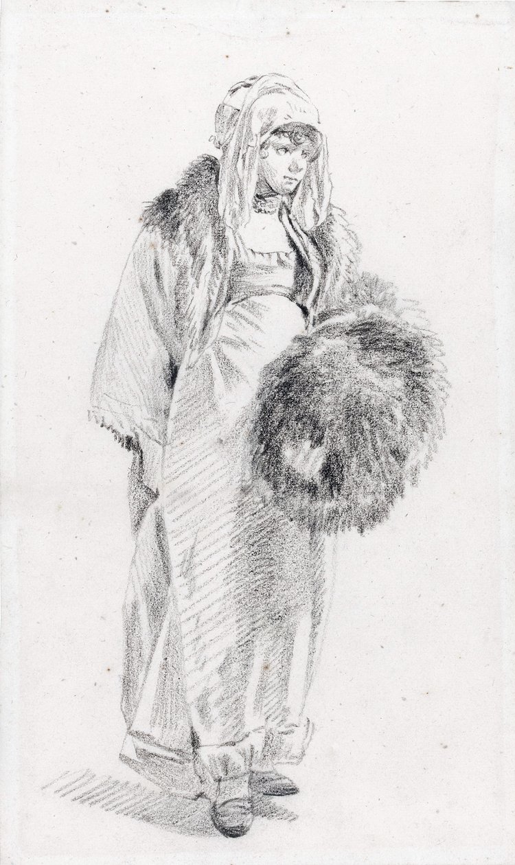 Russian woman with a fur muff par Le Prince, Jean-Baptiste (1734-1781), Between 1758 and 1761 - Black chalk on paper, 22,9x13,8 - Private Collection 作者 让·巴蒂斯特·勒·普林斯