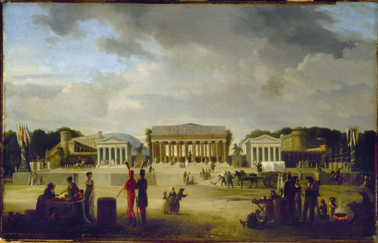 Vue du grand théâtre élevé sur la place de la Concorde pour la fête de la Paix, le 18 brumaire, an X (9 novembre 1801), in 1801 (oil on wood) 作者 让·巴蒂斯特·路易斯·卡赞