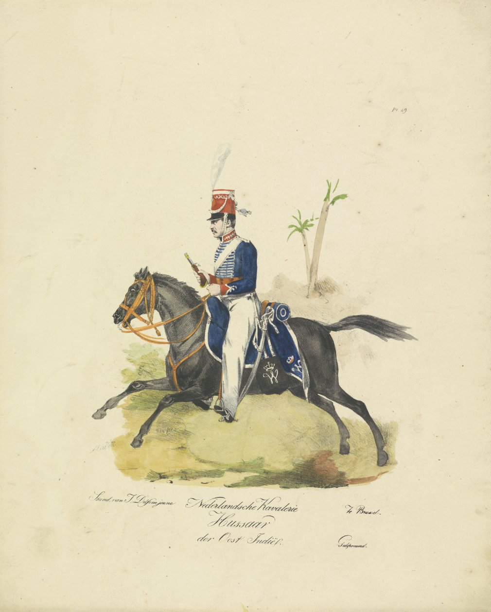 荷属东印度军队的骠骑兵，1820-1825 年 东印度群岛的荷兰骑兵骠骑兵（物品上的标题） 荷兰王国的军事服装。 献给威廉·范·拜兰特阁下（物品上的系列标题） 作者 让·巴蒂斯特·马杜