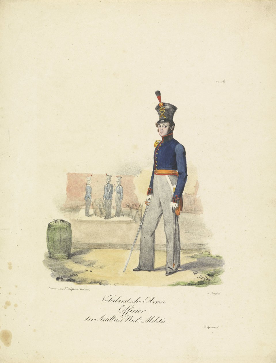 炮兵军官，1820-1825 年
荷兰军队炮兵军官 Nat.le Militie（物品上的标题）
荷兰王国的军装。献给比兰特的威廉阁下（文物上的系列名称） 作者 让·巴蒂斯特·马杜