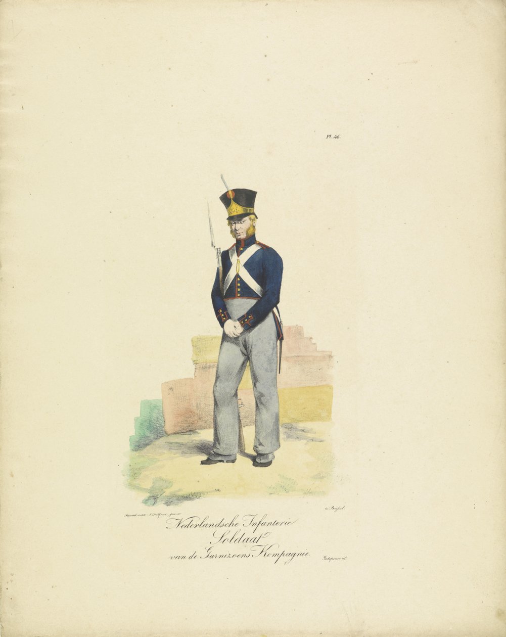 卫戍连士兵，1820-1825 年
Nederlandsche Infanterie Soldaat van de Garnizoens Kompagnie（标题见实物）
荷兰王国的军装。献给威廉-范-比兰特阁下（文物上的系列名称） 作者 让·巴蒂斯特·马杜