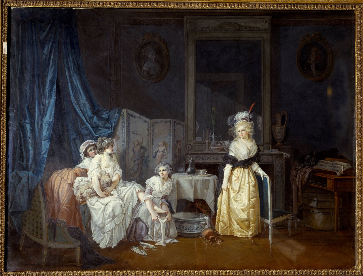 上厕所一个年轻女子在少女的帮助下即将洗澡。 Jean Baptiste Mallet绘画 作者 让·巴蒂斯特·马利特