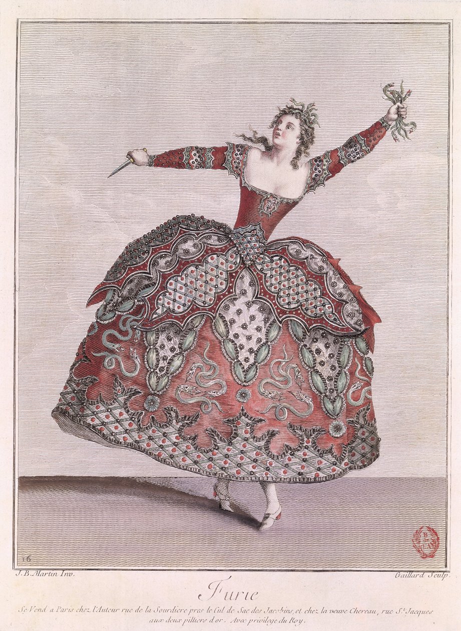 由Jean-Philippe Rameau（1683-1764）创作的“Hippolyte et Aricie”中的愤怒服装设计由Rene Gaillard（1710-90）镌刻 作者 让·巴蒂斯特·马丁