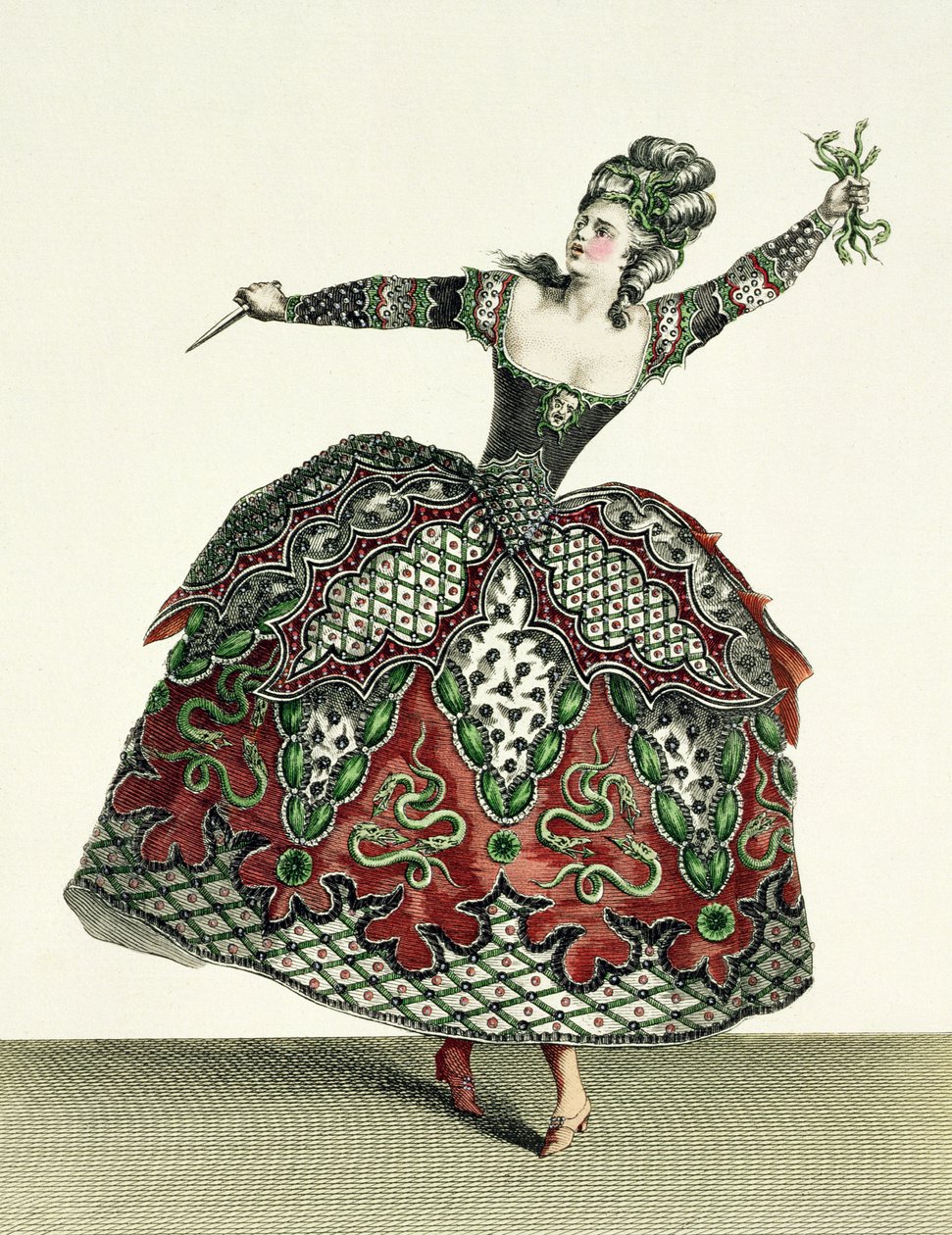 在Tauris和其他几部歌剧中的Iphigenia愤怒的服装，由Rene Gaillard（1710-90）雕刻c.1780 作者 让·巴蒂斯特·马丁
