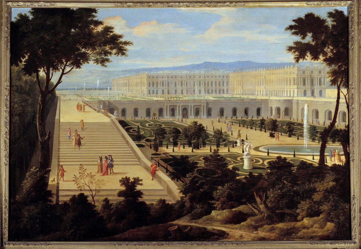 橘园、Cent-Marches 的楼梯和凡尔赛城堡的景色，大约 1695 年 绘画归功于 Jean-Baptiste Martin（长者）（1659-1735）1695 年太阳。 1,15x1,65 m 作者 让·巴蒂斯特·马丁