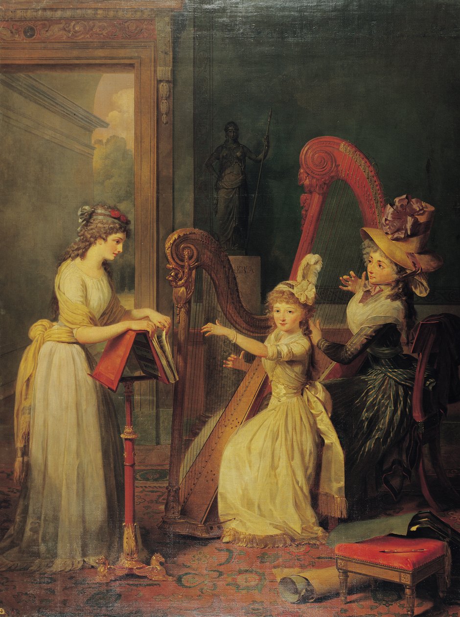 由Genlis de Madlis女士向Mademoiselle d&39;Orleans颁发的Harp课程与Pamela Mademoiselle翻译页面，c.1842 作者 让·巴蒂斯特·毛泽西
